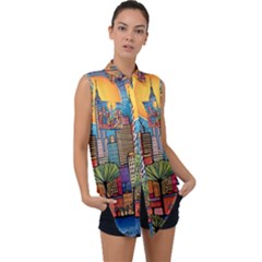 City New York Nyc Skyscraper Skyline Downtown Night Business Urban Travel Landmark Building Architec Sleeveless Chiffon Button Shirt