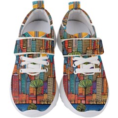 City New York Nyc Skyscraper Skyline Downtown Night Business Urban Travel Landmark Building Architec Kids  Velcro Strap Shoes by Posterlux