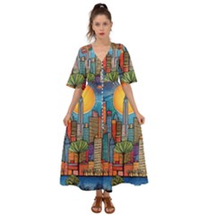 City New York Nyc Skyscraper Skyline Downtown Night Business Urban Travel Landmark Building Architec Kimono Sleeve Boho Dress