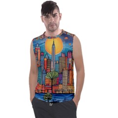 City New York Nyc Skyscraper Skyline Downtown Night Business Urban Travel Landmark Building Architec Men s Regular Tank Top