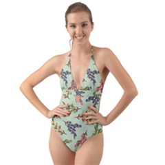 Berries Flowers Pattern Print Halter Cut-out One Piece Swimsuit