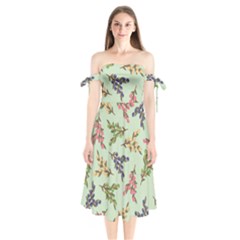 Berries Flowers Pattern Print Shoulder Tie Bardot Midi Dress