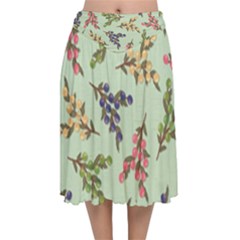 Berries Flowers Pattern Print Velvet Flared Midi Skirt