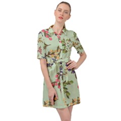 Berries Flowers Pattern Print Belted Shirt Dress