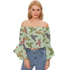 Berries Flowers Pattern Print Off Shoulder Flutter Bell Sleeve Top