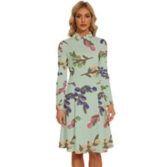 Berries Flowers Pattern Print Long Sleeve Shirt Collar A-line Dress