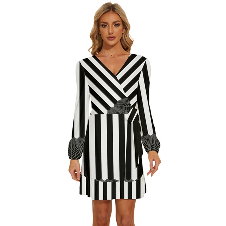 Stripes Geometric Pattern Digital Art Art Abstract Abstract Art Long Sleeve Waist Tie Ruffle Velvet Dress