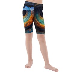 Eye Bird Feathers Vibrant Kids  Mid Length Swim Shorts by Hannah976