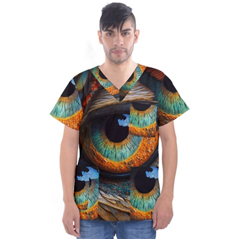 Eye Bird Feathers Vibrant Men s V-neck Scrub Top by Hannah976