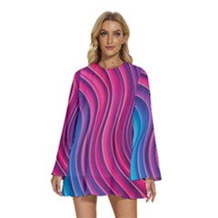 Spiral Swirl Pattern Light Circle Round Neck Long Sleeve Bohemian Style Chiffon Mini Dress