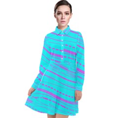 Wave Stripe Pattern Design Aqua Long Sleeve Chiffon Shirt Dress by Ndabl3x