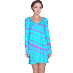 Wave Stripe Pattern Design Aqua Long Sleeve Nightdress by Ndabl3x