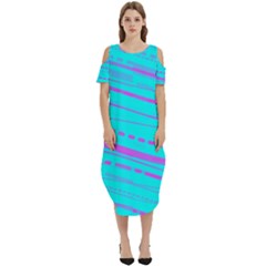 Wave Stripe Pattern Design Aqua Cold Shoulder Loose Fit Dress With Pockets by Ndabl3x