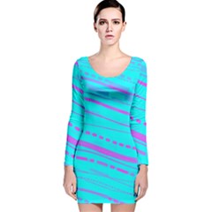 Wave Stripe Pattern Design Aqua Long Sleeve Velvet Bodycon Dress by Ndabl3x