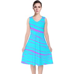 Wave Stripe Pattern Design Aqua V-neck Midi Sleeveless Dress  by Ndabl3x