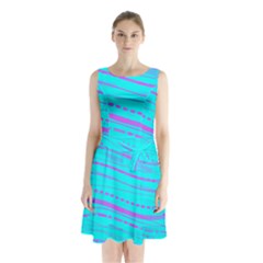 Wave Stripe Pattern Design Aqua Sleeveless Waist Tie Chiffon Dress by Ndabl3x