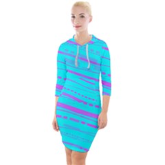 Wave Stripe Pattern Design Aqua Quarter Sleeve Hood Bodycon Dress by Ndabl3x