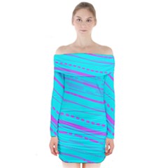 Wave Stripe Pattern Design Aqua Long Sleeve Off Shoulder Dress by Ndabl3x