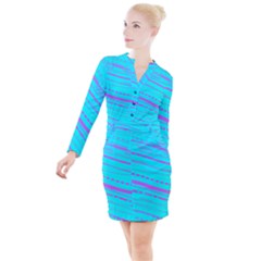 Wave Stripe Pattern Design Aqua Button Long Sleeve Dress by Ndabl3x