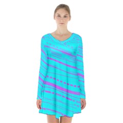 Wave Stripe Pattern Design Aqua Long Sleeve Velvet V-neck Dress by Ndabl3x