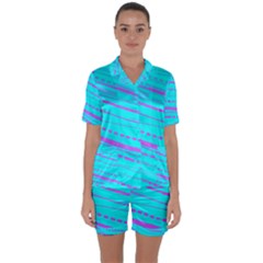 Wave Stripe Pattern Design Aqua Satin Short Sleeve Pajamas Set by Ndabl3x