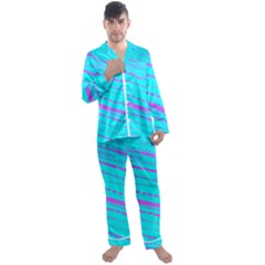 Wave Stripe Pattern Design Aqua Men s Long Sleeve Satin Pajamas Set by Ndabl3x