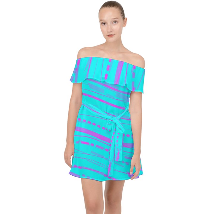 Wave Stripe Pattern Design Aqua Off Shoulder Chiffon Dress