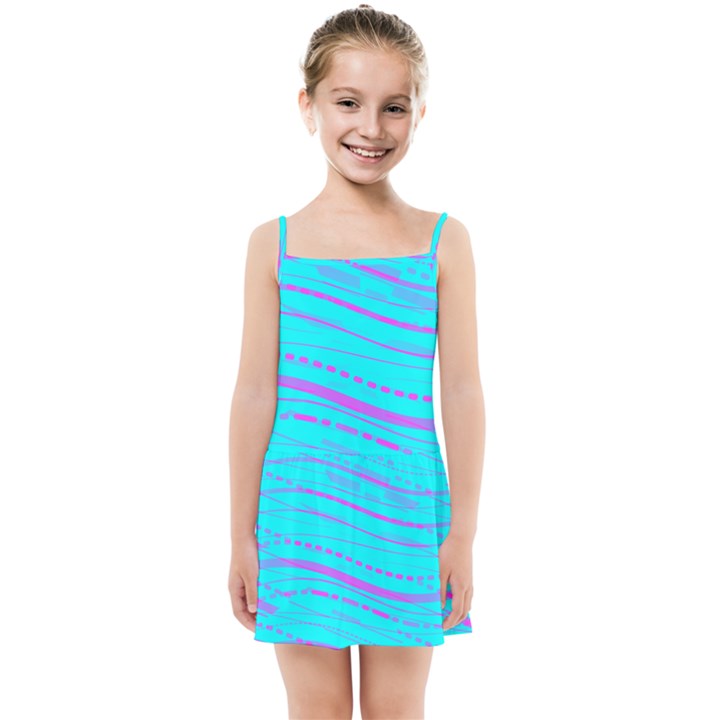 Wave Stripe Pattern Design Aqua Kids  Summer Sun Dress