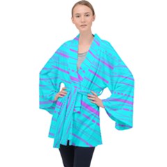 Wave Stripe Pattern Design Aqua Long Sleeve Velvet Kimono  by Ndabl3x