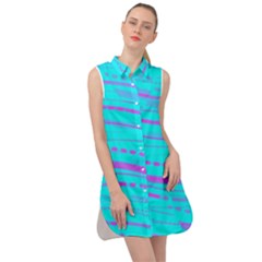 Wave Stripe Pattern Design Aqua Sleeveless Shirt Dress by Ndabl3x