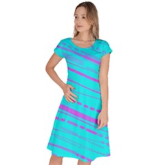 Wave Stripe Pattern Design Aqua Classic Short Sleeve Dress by Ndabl3x