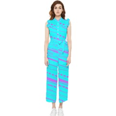 Wave Stripe Pattern Design Aqua Women s Frill Top Chiffon Jumpsuit by Ndabl3x