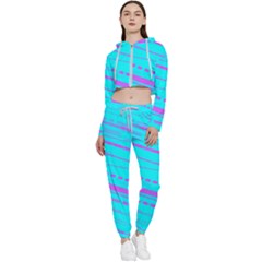 Wave Stripe Pattern Design Aqua Cropped Zip Up Lounge Set by Ndabl3x