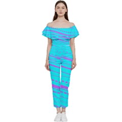 Wave Stripe Pattern Design Aqua Bardot Ruffle Jumpsuit by Ndabl3x