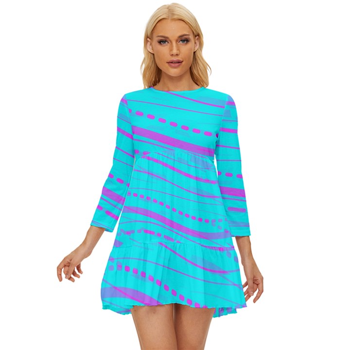 Wave Stripe Pattern Design Aqua Long Sleeve Babydoll Dress