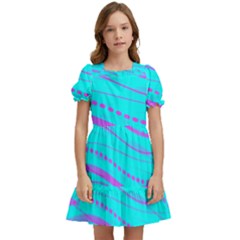 Wave Stripe Pattern Design Aqua Kids  Puff Sleeved Dress by Ndabl3x