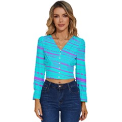 Wave Stripe Pattern Design Aqua Long Sleeve V-neck Top by Ndabl3x