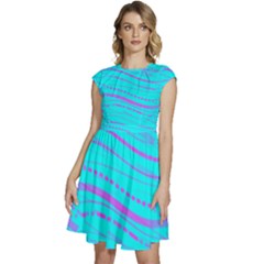 Wave Stripe Pattern Design Aqua Cap Sleeve High Waist Dress by Ndabl3x