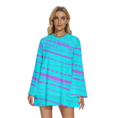 Wave Stripe Pattern Design Aqua Round Neck Long Sleeve Bohemian Style Chiffon Mini Dress by Ndabl3x