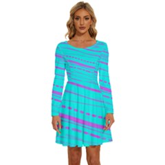 Wave Stripe Pattern Design Aqua Long Sleeve Wide Neck Velvet Dress by Ndabl3x