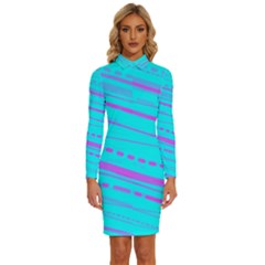 Wave Stripe Pattern Design Aqua Long Sleeve Shirt Collar Bodycon Dress by Ndabl3x