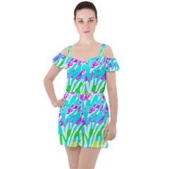 Animal Print Bright Abstract Ruffle Cut Out Chiffon Playsuit by Ndabl3x