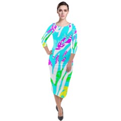 Animal Print Bright Abstract Quarter Sleeve Midi Velour Bodycon Dress