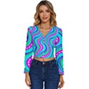 Swirls Pattern Design Bright Aqua Long Sleeve V-Neck Top View1