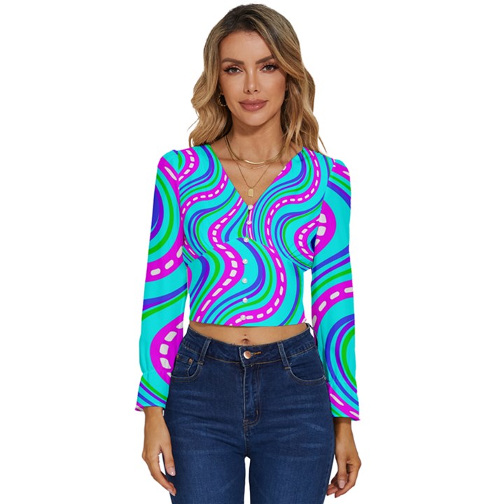 Swirls Pattern Design Bright Aqua Long Sleeve V-Neck Top