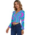 Swirls Pattern Design Bright Aqua Long Sleeve V-Neck Top View2