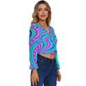 Swirls Pattern Design Bright Aqua Long Sleeve V-Neck Top View3