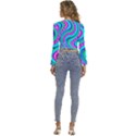 Swirls Pattern Design Bright Aqua Long Sleeve V-Neck Top View4