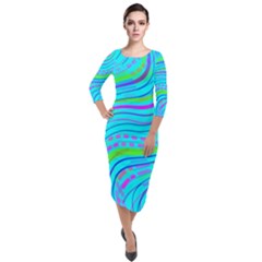 Pattern Swirl Pink Green Aqua Quarter Sleeve Midi Velour Bodycon Dress