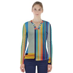 Colorful Rainbow Striped Pattern Stripes Background V-neck Long Sleeve Top by Ket1n9